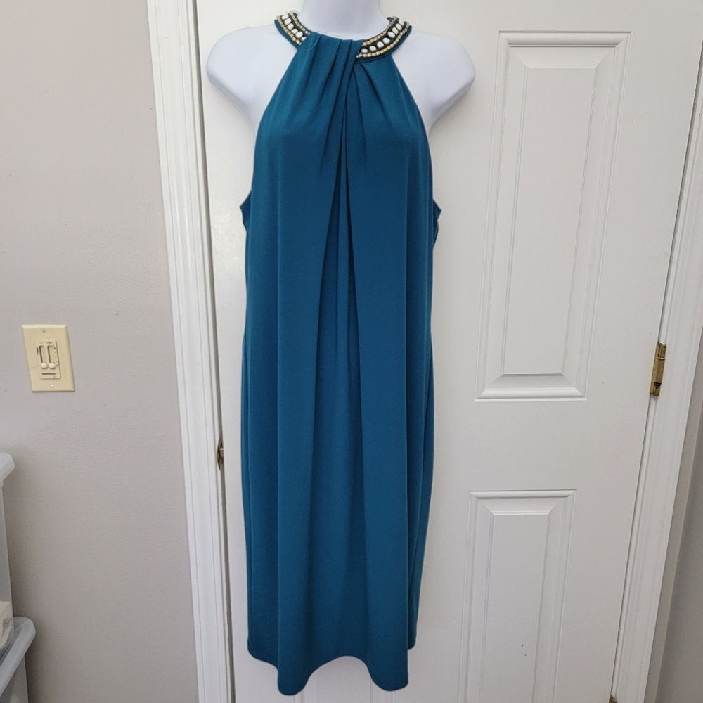 Nine West Sleeveless Beaded Halter Neck Shift Dress Jade Green Wedding Guest 12